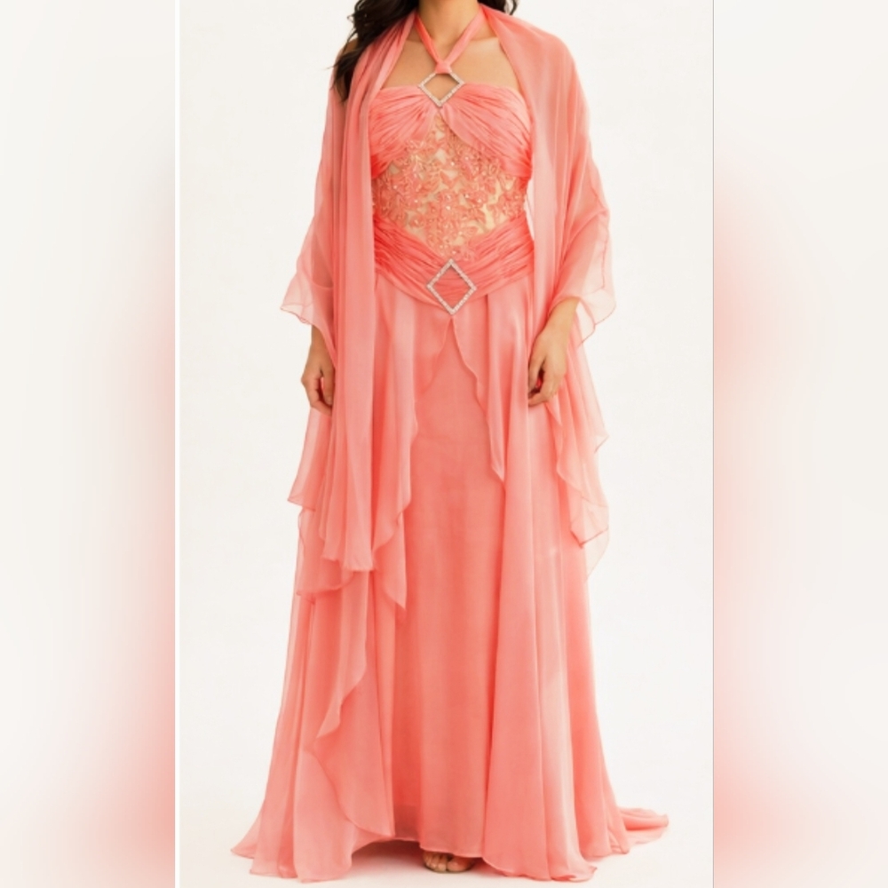 B'Dazzle By Alyce Paris Coral Chiffon Halter Evening Prom Dress & Matching Shawl